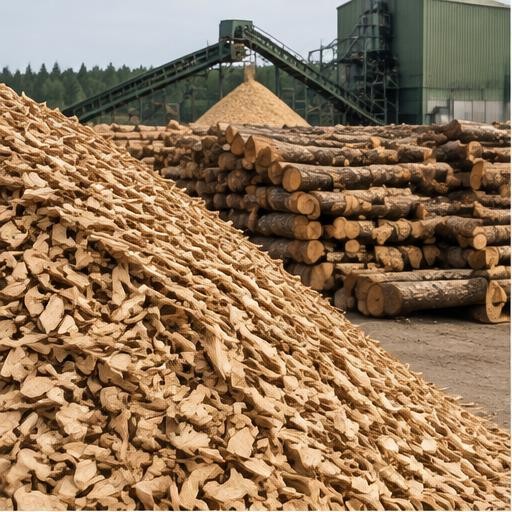Concept rendering: Wood chips and forestry residues at a processing yard; not an actual company installation