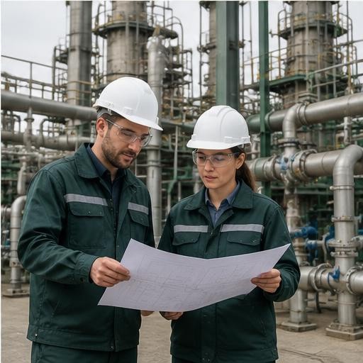 Concept rendering: Representative engineers reviewing drawings beside process piping; not an actual company installation