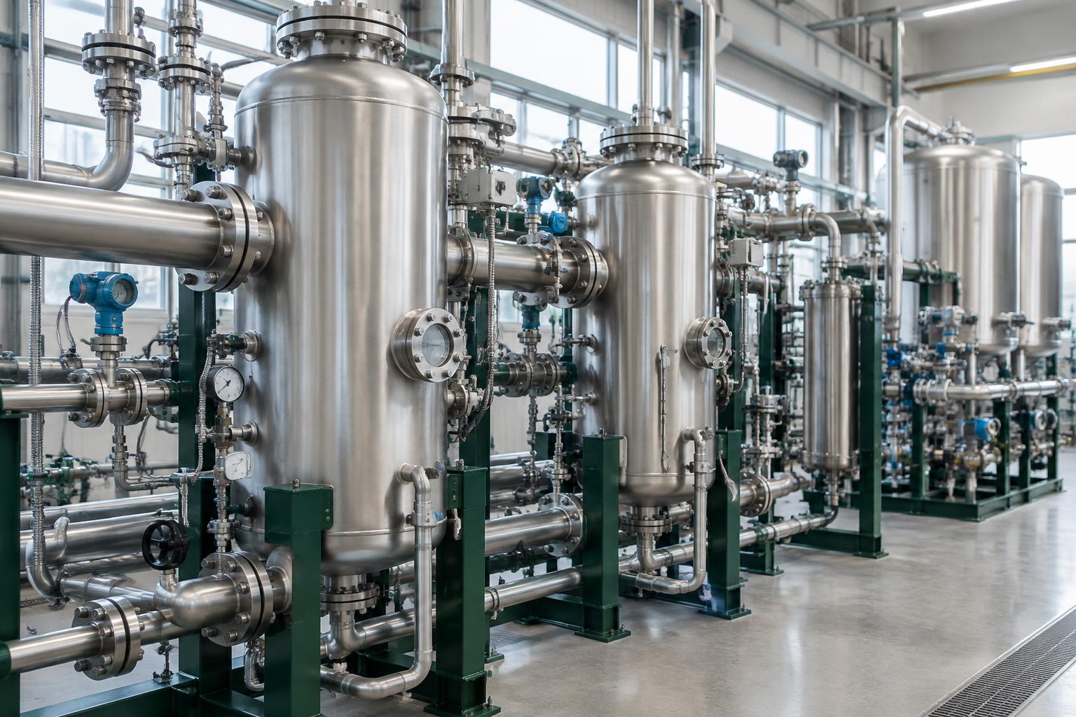 Concept rendering: Stainless steel vessels and piping for hydrogen process engineering; not an actual company installation