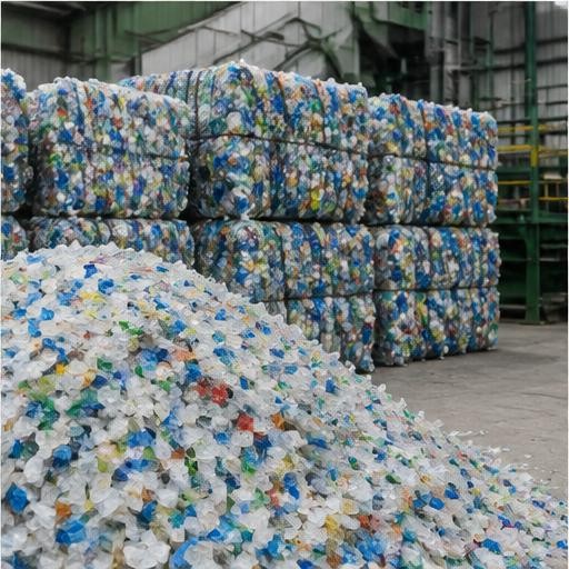 Concept rendering: Sorted plastic flakes and compacted recycling material; not an actual company installation