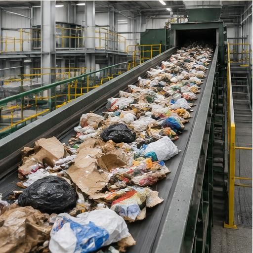 Concept rendering: Municipal waste moving through industrial sorting equipment; not an actual company installation